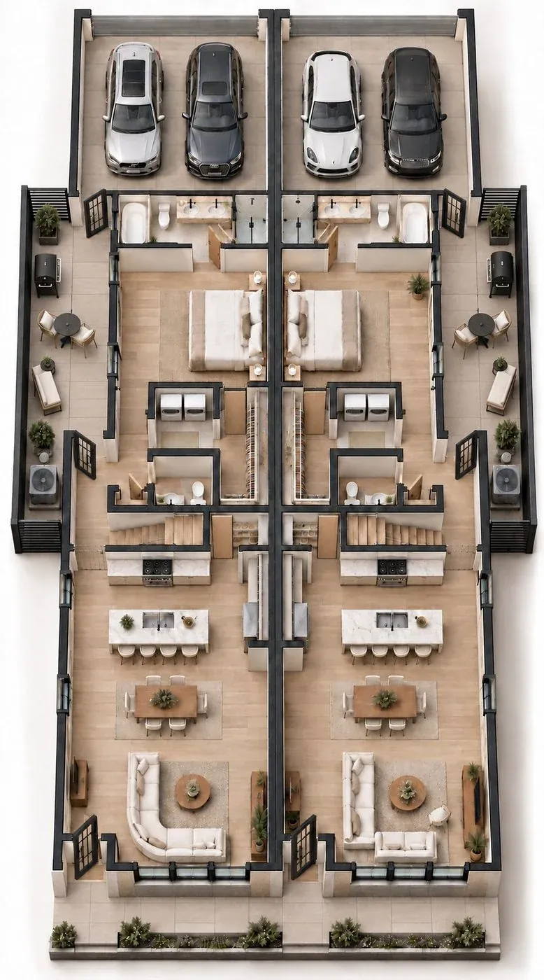 Alley-load duplex main level plan with primary suite, kitchen and living room