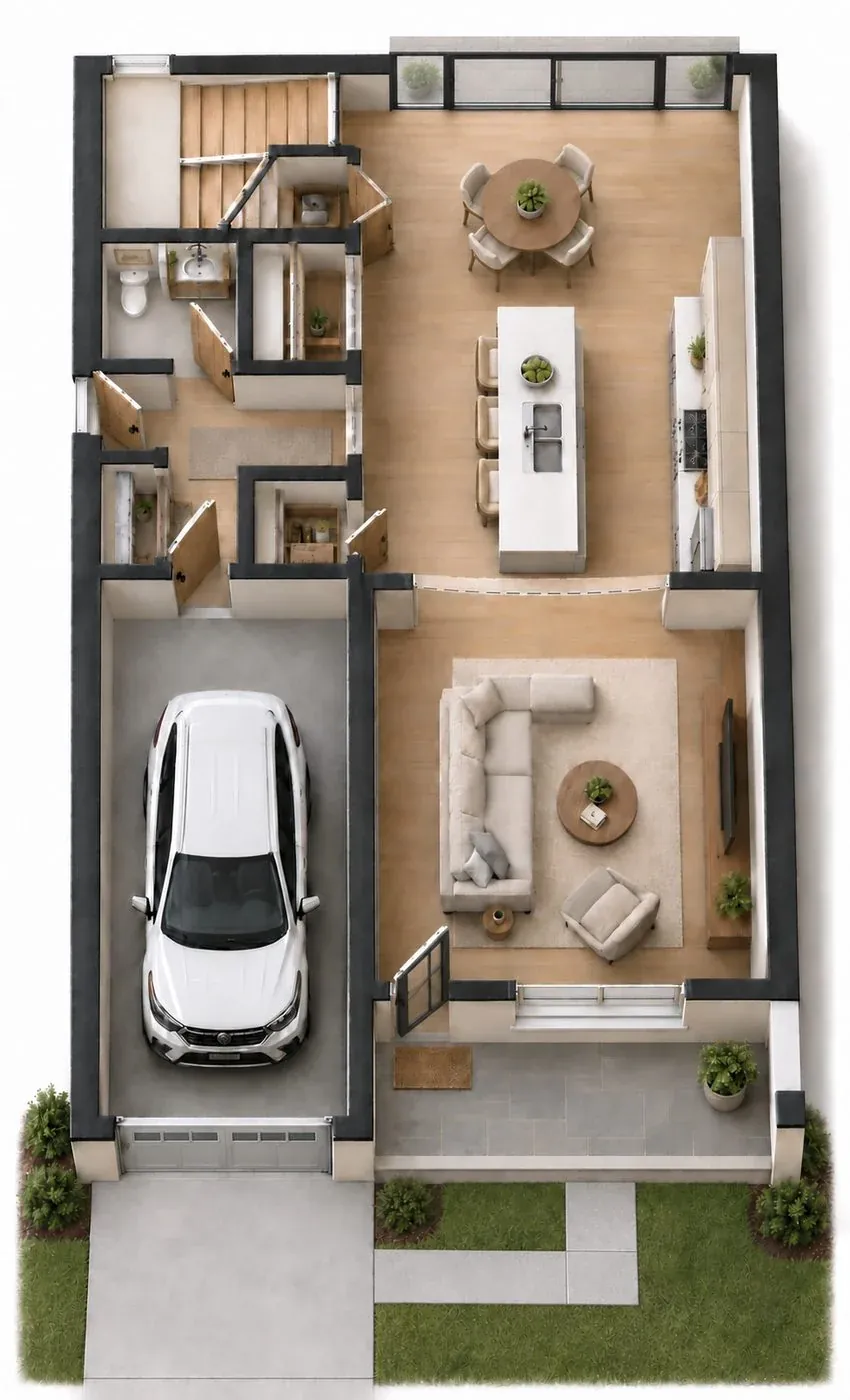 Single-family main level plan with kitchen, living and garage