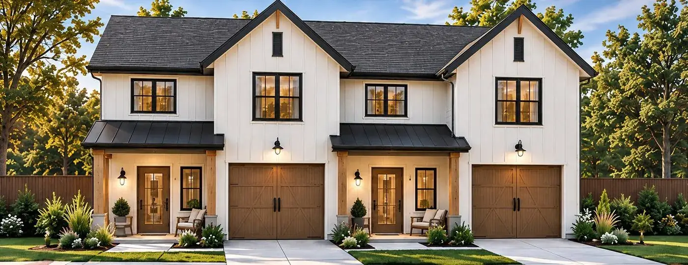 Front-load duplex with attached garages and covered entries