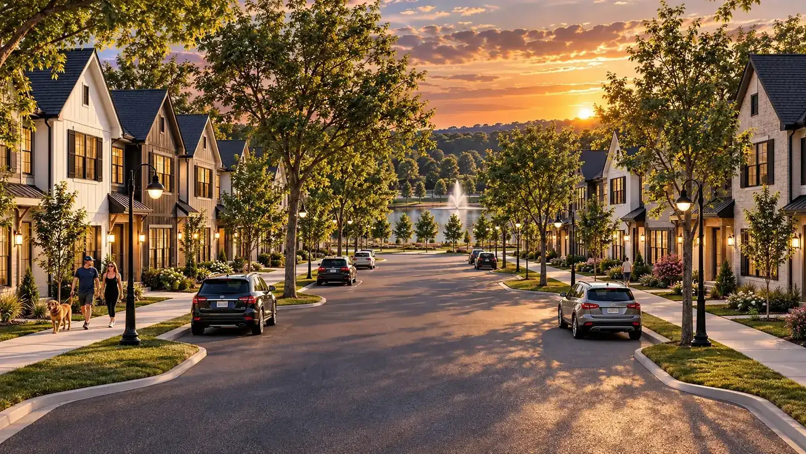 Tree-lined main street at dusk with farmhouse-style homes, lamp posts and a fountain pond at the end of the street
