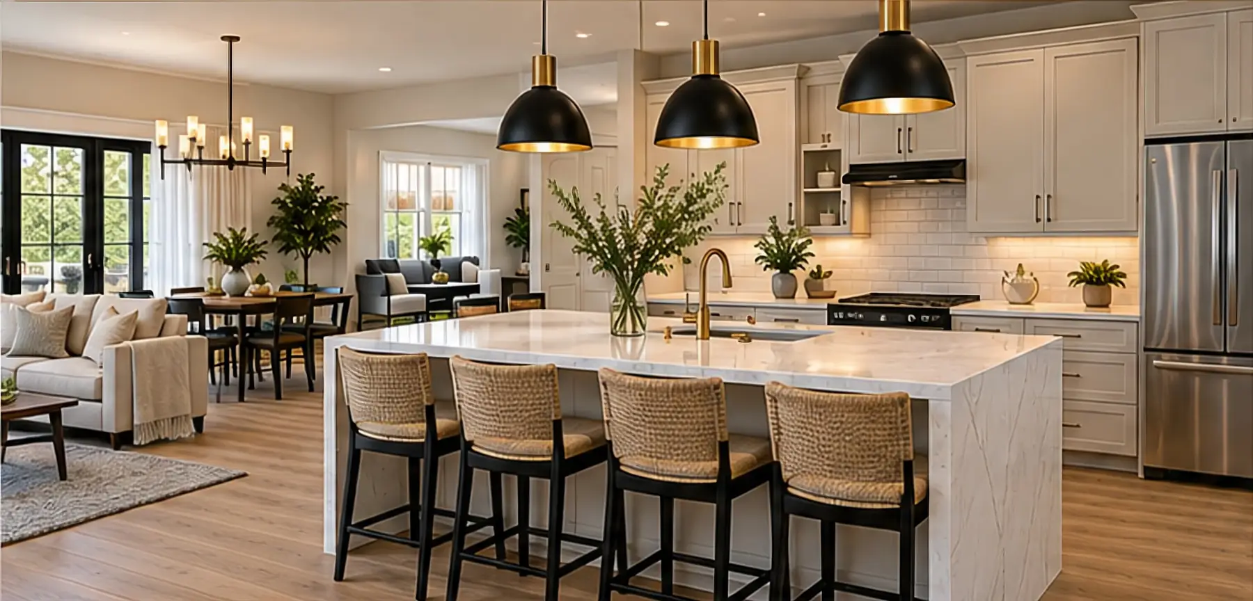 Kitchen with a white quartz island, woven counter stools and black-and-brass pendant lights