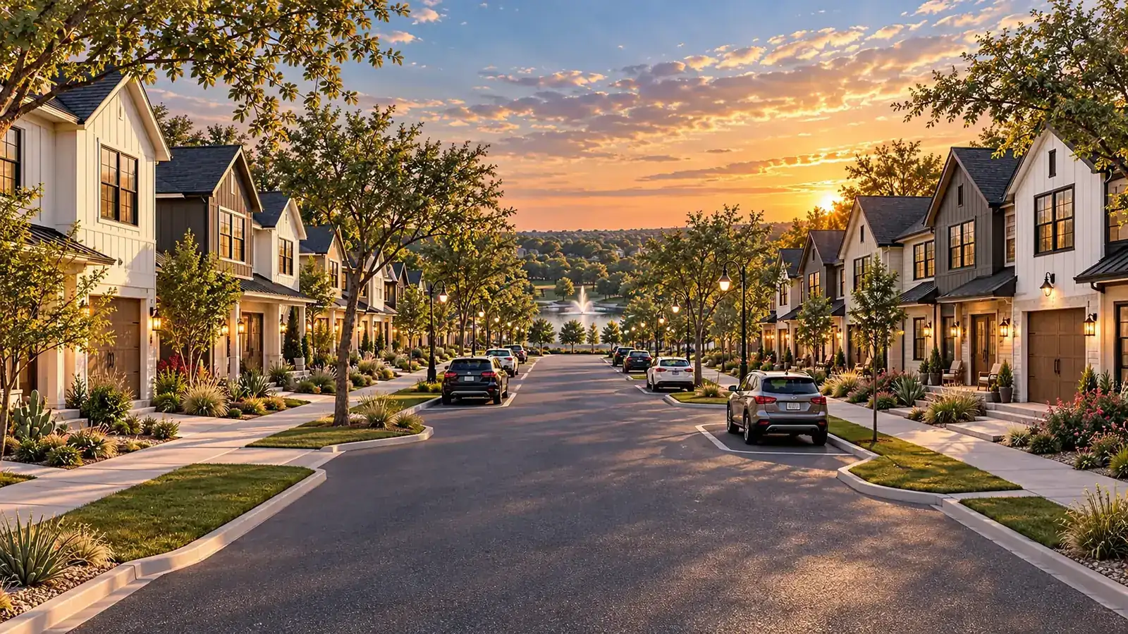 Golden-hour view down the main street toward the fountain pond